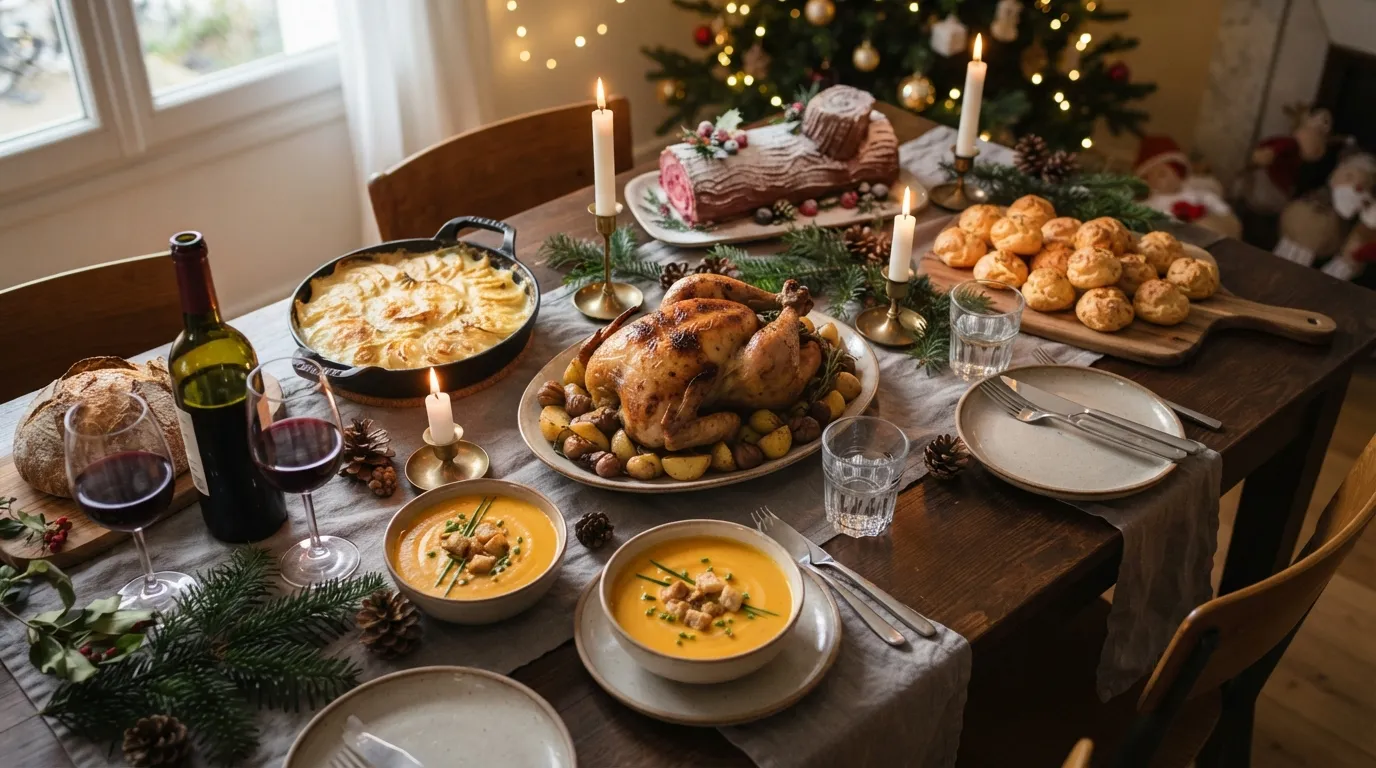 Table de fête avec gratin, poulet rôti, velouté, gougères et bûche