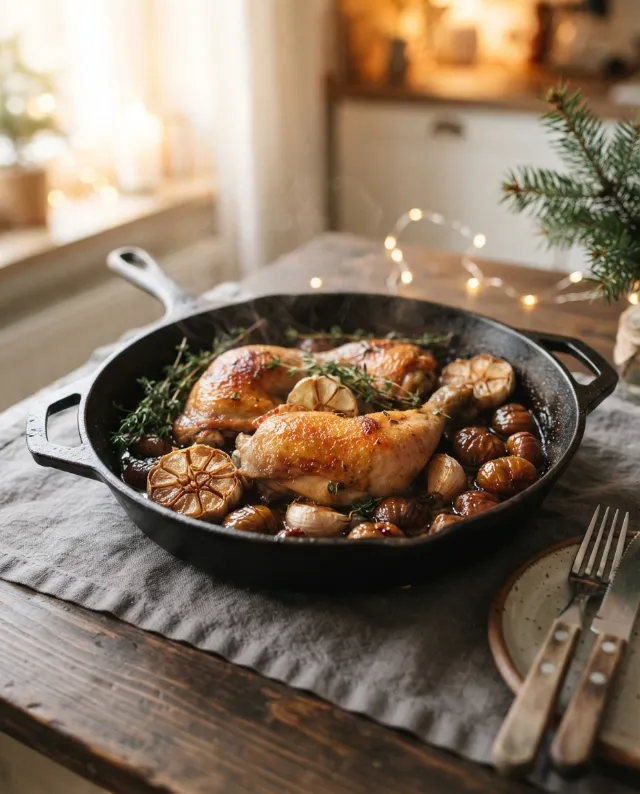 Cuisses de poulet rôties, ail et marrons